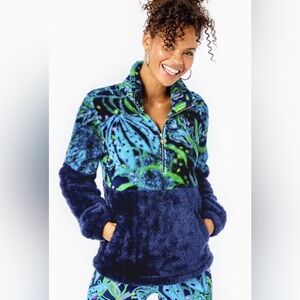 Lilly Pulitzer Keala Sherpa Popover Low Tide Navy Catty Purrsonality MEDIUM